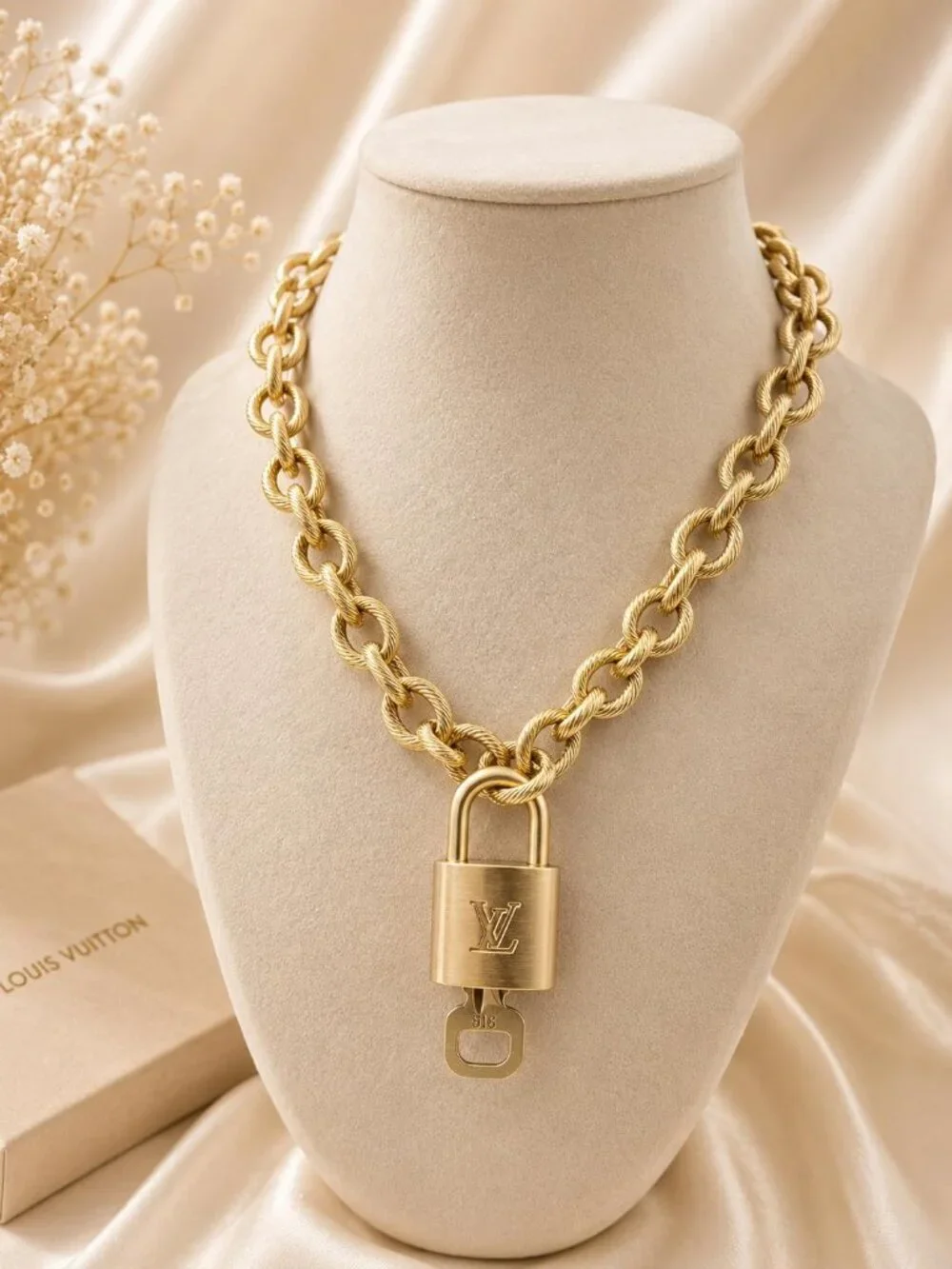 ✨ Stainless Steel Gold-Plated Necklace with Authentic Louis Vuitton Padlock ✨